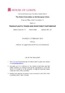 Unrevised transcript of evidence taken before The Select Committee on the European Union External Affairs (Sub-Committee C) Inquiry on  TRANSATLANTIC TRADE AND INVESTMENT PARTNERSHIP