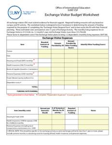 Office of International Education SUNY ESF Exchange Visitor Budget Worksheet All exchange visitors (EV) must submit evidence for financial support. Required funding amounts will vary based on campus and EV activity. The 