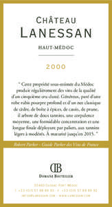 2000 “ Cette propriété sous-estimée du Médoc produit régulièrement des vins de la qualité d’un cinquième cru classé. Généreux, paré d’une robe rubis pourpre profond et d’un nez classique de cèdre, de