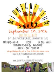 September 10, 2016  lake Lucille park 1401 S. Endeavor Street (Mile 2.2 Knick Goose Bay Road) 1 Mile ($10) - Ages 5-11