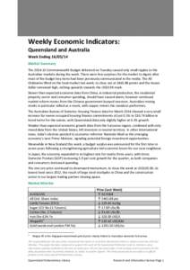 Weekly Economic Indicators: Queensland and Australia Week Ending[removed]Market Summary The[removed]Commonwealth Budget delivered on Tuesday caused only small ripples to the Australian markets during the week. There wer