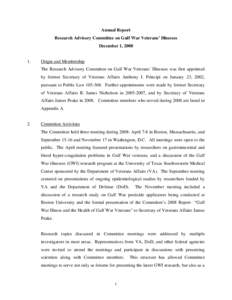 Annual Report Research Advisory Committee on Gulf War Veterans’ Illnesses December 1, 2008 1.