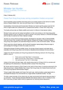 News Release Minister Ian Hunter Minister for Sustainability, Environment and Conservation Friday, 13 February, 2015