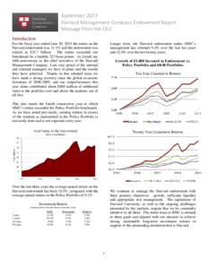 September 2013 Harvard Management Company Endowment Report Message from the CEO Introduction For the fiscal year ended June 30, 2013 the return on the Harvard endowment was 11.3% and the endowment was