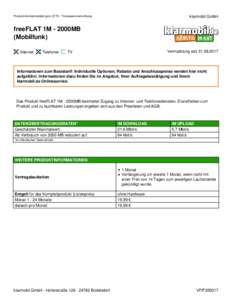 klarmobil GmbH  Produktinformationsblatt gem. §1TK - Transparenzverordnung freeFLAT 1M - 2000MB (Mobilfunk)