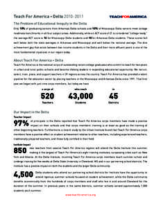 Teach For America • DeltaThe Problem of Educational Inequity in the Delta Only 18% of graduating seniors from Arkansas Delta schools and 10% of Mississippi Delta seniors meet college readiness benchmarks in 