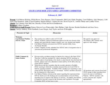 Approved  MEETING MINUTES STATE CONSUMER AND FAMILY ADVISORY COMMITTEE February 8, 2007 Present: Carl Britton-Watkins, Wilda Brown, Terry Burgess, Zack Commander, Bill Cook, Kathy Daughtry, Carol DeBerry, Judy Dempsey, L