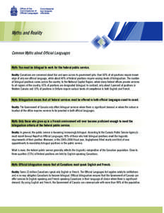 Myths and Reality  Common Myths about Official Languages Myth: You must be bilingual to work for the federal public service. Reality: Canadians are concerned about fair and open access to government jobs. Over 60% of all