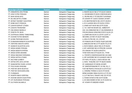 Nama Agen LPG PSO PT. ANGGREINI JAYA PRIMA PT. ARIA PUTRA PERSADA PT. BANI ADAM JAYA PT. BELINA SATYA UTAMA PT. BERKAT RAHMAT SEJAHTERA