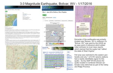 3.0 Magnitude Earthquake, Bolivar, WVEpicenter of the earthquake was actually located near Ranson, WV in Jefferson Co. “Bolivar, WV” was used by the USGS as an easy point of reference which added