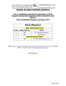 SCHOOL OF BASIC SCIENCES (PHYSICS) List of candidates selected for admission in Ph.D. program during Odd Semester 2016 of Academic YearDate of Selection Process: 13th June, 2016