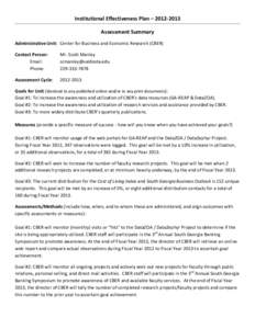 Institutional Effectiveness Plan – [removed]Assessment Summary Administrative Unit: Center for Business and Economic Research (CBER) Contact Person: Email: Phone: