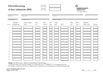 Efterindberetning  Periodestart (dd.mm.åååå)  af åben uddannelse (PH)