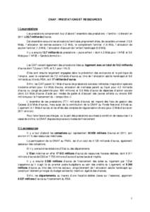 CNAF : PRESTATIONS ET RESSOURCES I Les prestations Les prestations comprennent tout d’abord l’ensemble des prestations « famille » s’élevant en 2011 à 30,7 milliards d’euros. Cet ensemble recouvre les allocat