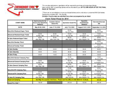 *For one day admissions, spectators will be required to purchase all single days tickets. Upon exiting, ANY unused day tickets will be refunded to you UP TO ONE HOUR AFTER THE FINAL RACE OF THE DAY* **There are no cancel