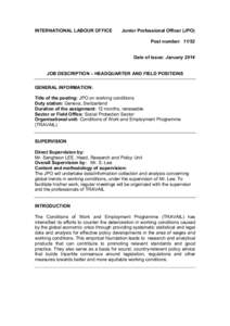 INTERNATIONAL LABOUR OFFICE  Junior Professional Officer (JPO) Post number: 11/52 Date of issue: January 2014