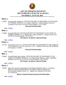 LIST OF OPINIONS ISSUED BY THE SUPREME COURT OF ALABAMA ON FRIDAY, JUNE 20, 2014 Stuart, J[removed]Ex parte State of Alabama. PETITION FOR WRIT OF CERTIORARI TO THE COURT OF CRIMINAL APPEALS (In re: State of Alabama v. 