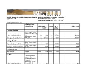 Sample Budget Form (rev[removed]for US-based Applicant Institution: University of Franklin applicants only. Project Director: Jane Smith Project Grant Period: [removed]2015 See Budget Instructions [link]