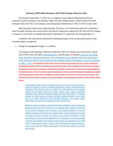 Summary of RPC Public Hearing on Draft 2014 Antelope Valley Area Plan On Saturday, September 27, 2014, the Los Angeles County Regional Planning Commission conducted a public hearing on the Antelope Valley Area Plan Updat