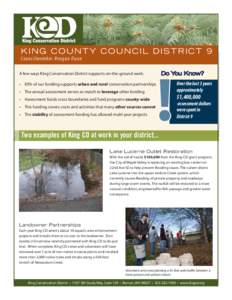 KING COUNTY COUNCIL DISTRICT 9 Co u n c i l m e m b e r R e a g a n D u n n A few ways King Conservation District supports on-the-ground work: • 85% of our funding supports urban and rural conservation partnerships •