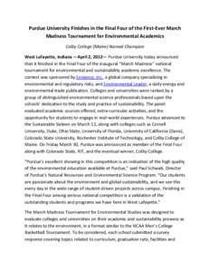 Purdue University Advances to the “Environmental Eight” round in First-Ever March Madness Tournament for Environmental Academics
