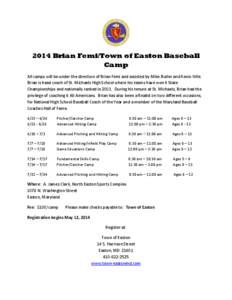 2014 Brian Femi/Town of Easton Baseball Camp All camps will be under the direction of Brian Femi and assisted by Mike Butler and Kevin Wile. Brian is head coach of St. Michaels High School where his teams have won 4 Stat