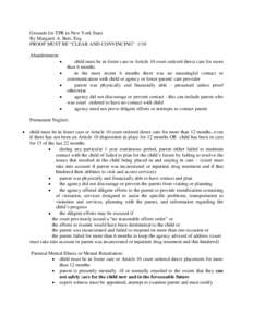 Grounds for TPR in New York State By Margaret A. Burt, Esq. PROOF MUST BE “CLEAR AND CONVINCING” 1/10 Abandonment: • •