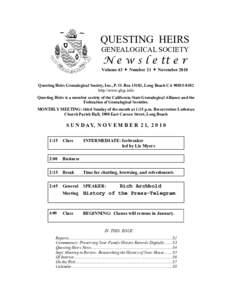 QUESTING HEIRS GENEALOGICAL SOCIETY N e w s l e tt e r  Volume 43  Number 11  November 2010