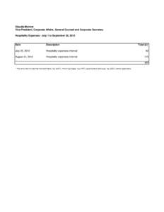 Claudia Morrow Vice-President, Corporate Affairs, General Counsel and Corporate Secretary Hospitality Expenses - July 1 to September 30, 2012 Date