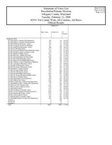 Statement of Votes Cast Presidential Primary Election Allegany County, Maryland Tuesday, February 12, 2008 SOVC For County Wide, All Counters, All Races Official Results