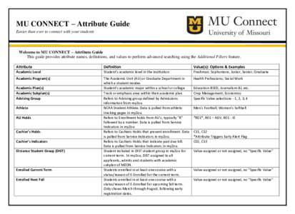 MU CONNECT – Attribute Guide Easier than ever to connect with your students Welcome to MU CONNECT – Attribute Guide This guide provides attribute names, definitions, and values to perform advanced searching using the