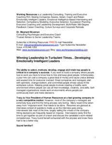 Working Resources is a Leadership Consulting, Training and Executive Coaching Firm Helping Companies Assess, Select, Coach and Retain Emotionally Intelligent Leaders; Emotional Intelligence-Based Interviewing and Selecti