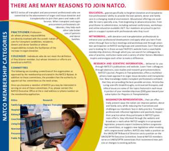 NATCO MEMBERSHIP CATEGORIES  THERE ARE MANY REASONS TO JOIN NATCO. NATCO invites all transplant and procurement professionals who are committed to the advancement of organ and tissue donation and transplantation to join 