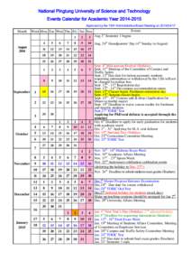 National Pingtung University of Science and Technology Events Calendar for Academic YearApproved by the 184th Administrative Board Meeting onMonth