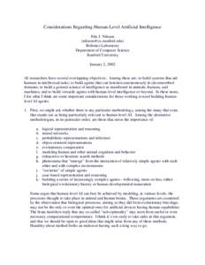 Considerations Regarding Human-Level Artificial Intelligence Nils J. Nilsson () Robotics Laboratory Department of Computer Science Stanford University