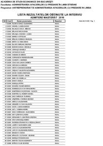 ACADEMIA DE STUDII ECONOMICE DIN BUCUREŞTI Facultatea: ADMINISTRAREA AFACERILOR CU PREDARE ÎN LIMBI STRĂINE Programul: ANTREPRENORIAT SI ADMINISTRAREA AFACERILOR, CU PREDARE IN LIMBA LISTA REZULTATELOR OBŢINUTE LA IN