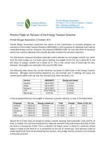 Finnish Biogas Association P.O. Box 1173, FI[removed]Helsinki, Finland info () biokaasuyhdistys.net http://www.biokaasuyhdistys.net/  Position Paper on Revision of the Energy Taxation Directive