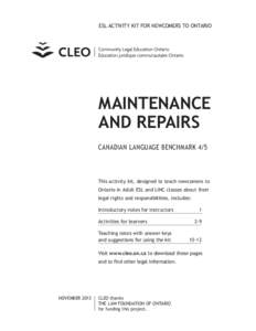 ESL ACTIVITY KIT FOR NEWCOMERS TO ONTARIO  MAINTENANCE AND REPAIRS CANADIAN LANGUAGE BENCHMARK 4/5