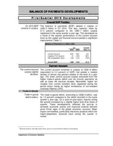 BALANCE OF PAYMENTS DEVELOPMENTS[removed]:46 PM Fi rst Quarter 2010 Developments Overall BOP Position Q1 2010 BOP The balance of payments (BOP) yielded a surplus of
