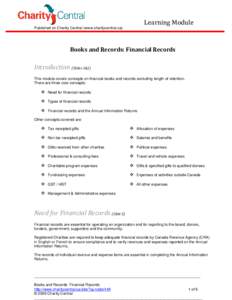 Learning Module Published on Charity Central (www.charitycentral.ca) Books and Records: Financial Records  Introduction (Slides 1&2)