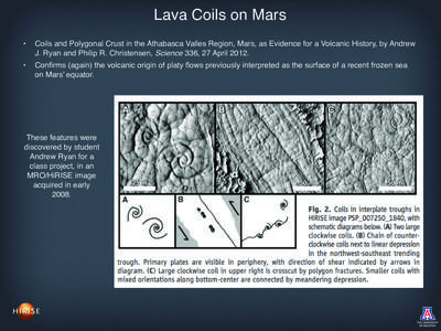 Lava Coils on Mars • Coils and Polygonal Crust in the Athabasca Valles Region, Mars, as Evidence for a Volcanic History, by Andrew J. Ryan and Philip R. Christensen, Science 336, 27 April 2012.