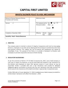 CAPITAL FIRST LIMITED WHISTLE BLOWER POLICY & VIGIL MECHANISM Manual of Human Resource Policies, Procedures & Practices  Reference Code: