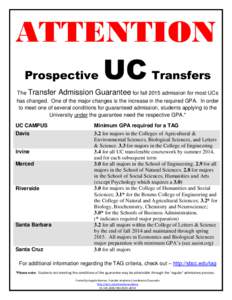 ATTENTION Prospective UC Transfers  The Transfer Admission Guarantee for fall 2015 admission for most UCs