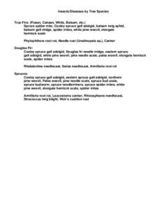 Insects/Diseases by Tree Species  True Firs: (Fraser, Canaan, White, Balsam, etc.) Spruce spider mite, Cooley spruce gall adelgid, balsam twig aphid, balsam gall midge, spider mites, white pine weevil, elongate hemlock s