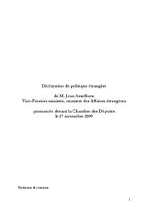 Déclaration de politique étrangère de M. Jean Asselborn Vice-Premier ministre, ministre des Affaires étrangères prononcée devant la Chambre des Députés le 17 novembre 2009