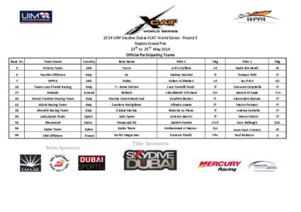 2014 UIM Skydive Dubai XCAT World Series - Round 3 Naples Grand Prix 23rd to 25th May 2014 Official Participating Teams Boat Nr.
