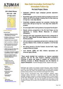 New Gold Anomalies Confirmed For Immediate Follow-Up ASX & Media Release ASX Code – AZM 12th March 2015