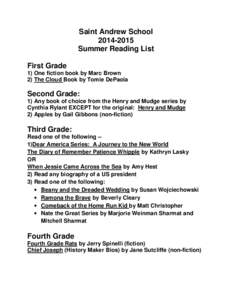 Saint Andrew School[removed]Summer Reading List First Grade 1) One fiction book by Marc Brown 2) The Cloud Book by Tomie DePaola