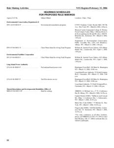 Rule Making Activities  NYS Register/February 15, 2006 HEARINGS SCHEDULED FOR PROPOSED RULE MAKINGS