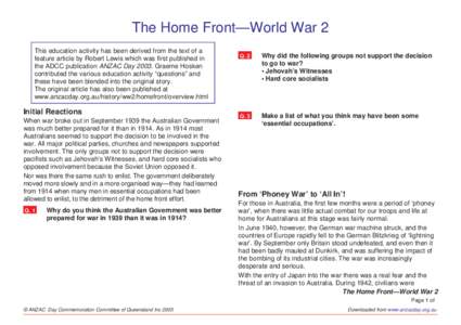 The Home Front—World War 2 This education activity has been derived from the text of a feature article by Robert Lewis which was first published in the ADCC publication ANZAC Day[removed]Graeme Hosken contributed the var
